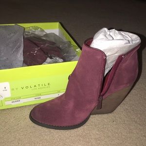 Volatile maroon booties. Brand new, still in box.